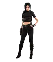 a woman in a leather jacket is holding a gun that says glock