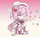 a little girl with pink hair is blowing bubbles with a trumpet .