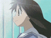 a close up of a girl 's face with long brown hair