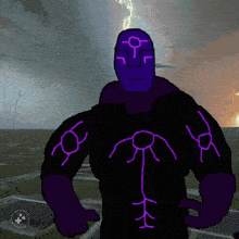 a cartoon drawing of a man with a purple face and a purple symbol on his chest