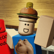 a cartoon character with a hamburger on top of his head