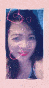 a woman with pink hearts around her face