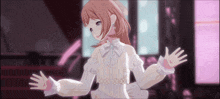 a girl in a white dress with a bow on her neck