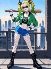a girl with horns is holding a bat in her right hand