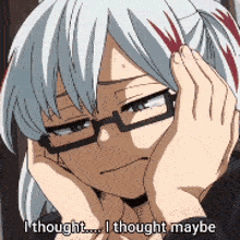 a girl with glasses is laying her head on her hands and says `` i thought ... i thought maybe ''