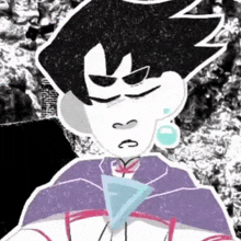 a black and white drawing of a cartoon character with a purple cape .