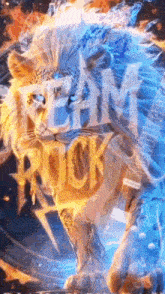 a lion with blue eyes is standing in front of a sign that says `` i 'm rock '' .