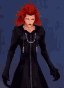 a cartoon character with red hair is wearing a black jacket and gloves .