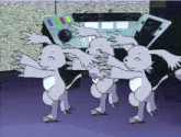 three cartoon animals are dancing in front of a control panel that says n on it
