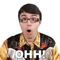 a man wearing glasses and a cowboy outfit has the word ohh written on his chest