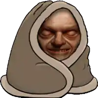 a cartoon drawing of a man wrapped in a blanket with his eyes closed