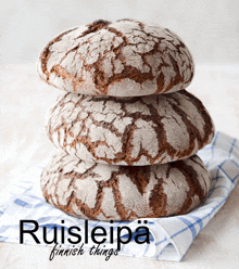 three loaves of bread are stacked on top of each other with the words ruisleipä finnish things written on the bottom