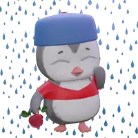 a penguin with a red shirt and a blue hat is holding a rose