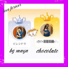a picture of a man and a woman with the words bg maya and chocolate below them