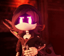 a cartoon character with purple eyes and a knife