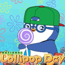 a penguin wearing a green hat and glasses blowing a purple lollipop in a cartoon for national lollipop day
