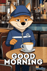 a cartoon dog sitting at a table with a cup of coffee and the words good morning welly