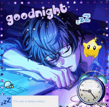 a cartoon of a boy sleeping with the words goodnight written above him