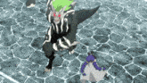 a monster with a green head is standing next to a little girl