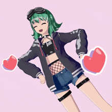 a girl with green hair is surrounded by pink hearts