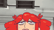 a cartoon drawing of a woman with red hair making a face