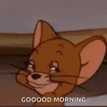 jerry from tom and jerry is saying good morning with his eyes closed