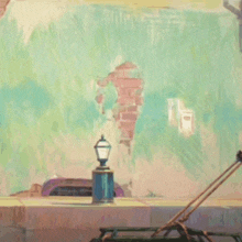 a painting of a man and a woman running down a street