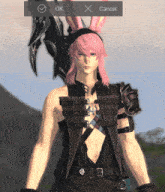 a video game character with pink hair and a cancel button on the bottom