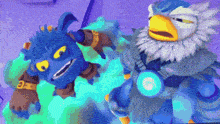 two cartoon characters are standing next to each other and one of them has a bird on his chest