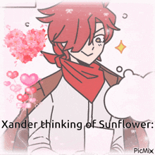 a drawing of a boy with the words xander thinking of sunflower written below him
