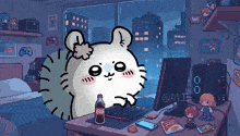 a pixel art of a hamster sitting at a desk with a coca cola bottle