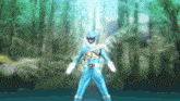 a blue power ranger stands in the woods
