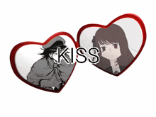 a couple of hearts with the word kiss in the middle