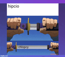 a picture of a person holding a sword with the word hipcio on the top