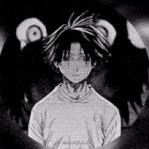 a black and white drawing of a boy in a white shirt standing in a circle .