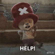 a stuffed animal with antlers and a hat says someone call a doctor