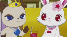 two cartoon characters are sitting next to each other and one has a crown on