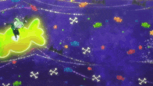 a cartoon character with green hair is surrounded by bones and stars