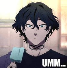 a man holding a popsicle with the word umm on the bottom right