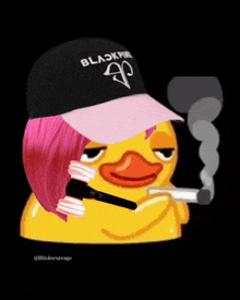 a duck wearing a blackpink hat is smoking a cigar