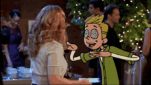 a cartoon character is hypnotizing a woman in a room