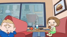a cartoon of a man and a woman sitting at a diner table