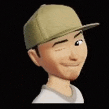 a cartoon character wearing a tan baseball cap and a white shirt