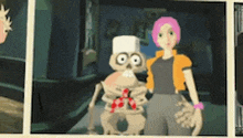 a woman with pink hair is standing next to a skeleton wearing a chef 's hat .