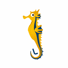 a yellow seahorse with a blue tail and a l on its tail