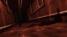 a cartoon of a man and a dog in a dark hallway