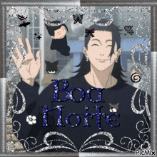 a picture of a man with the words boa noite written in blue
