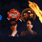 a man and a woman are standing in front of a smart 2025 sign