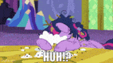 a cartoon of a pony laying on the ground with the words huh written on the bottom