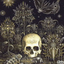 a painting of a skull and a mouse with pixiz written in the bottom right corner